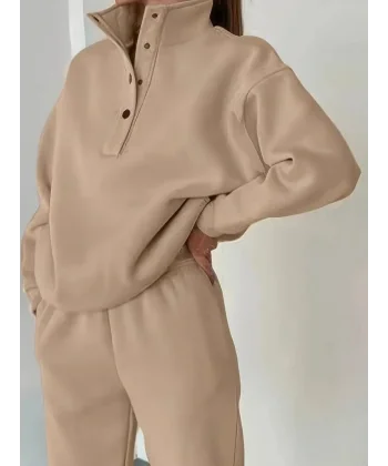 Kadın Uzun Kollu Balıkçı Dik Yakalı Düğmeli üç Iplik Bluz Ve Pantolon Ikili Takım