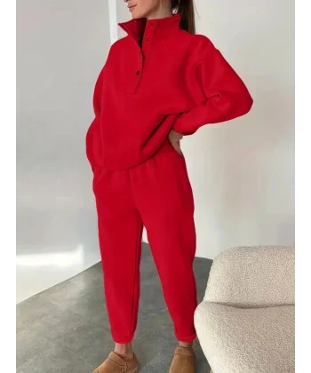 Kadın Uzun Kollu Balıkçı Dik Yakalı Düğmeli üç Iplik Bluz Ve Pantolon Ikili Takım