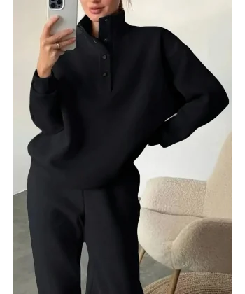 Kadın Uzun Kollu Balıkçı Dik Yakalı Düğmeli üç Iplik Bluz Ve Pantolon Ikili Takım