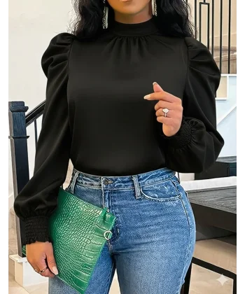 Kadın Uzun Kollu Balıkçı Yaka Arkadan Bağlamalı Omuzlardan Balon Ithal Krep Bluz