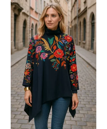 Kadın Uzun Kollu Balıkçı Yaka Asimetrik Kesim Dalgıç Kumaş Bluz