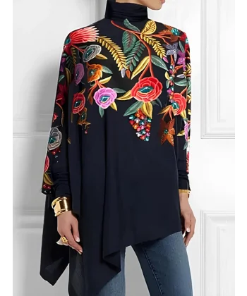 Kadın Uzun Kollu Balıkçı Yaka Asimetrik Kesim Mikro Bluz