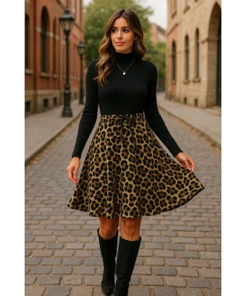 Kadın Uzun Kollu Balıkçı Yaka Belden Bağlamalı üst Kaşkorse Eteği Dalgıç Elbise