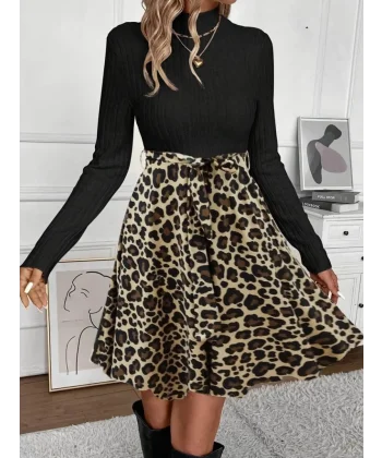 Kadın Uzun Kollu Balıkçı Yaka Belden Bağlamalı üst Kaşkorse Eteği Dalgıç Elbise