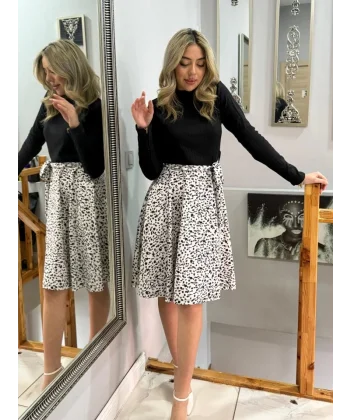 Kadın Uzun Kollu Balıkçı Yaka Belden Bağlamalı üst Kaşkorse Eteği Dalgıç Kısa Elbise