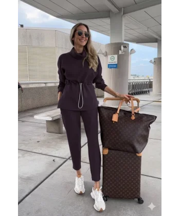 Kadın Uzun Kollu Balıkçı Yaka Belden Lastikli Modal Bluz Ve Pantolon Ikili Takım