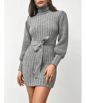 Kadın Uzun Kollu Balıkçı Yaka Beli Kuşaklı Mini Triko Elbise