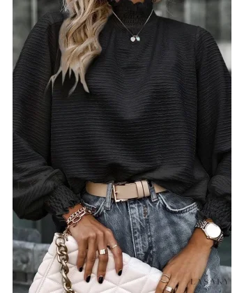 Kadın Uzun Kollu Balıkçı Yaka Bilek Ve Boğaz Gipeli Bürümcük Kumaş Bluz