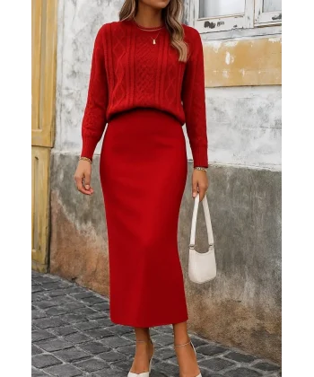 Kadın Uzun Kollu Balıkçı Yaka Bluz Ve Etek Ikili Triko Takım