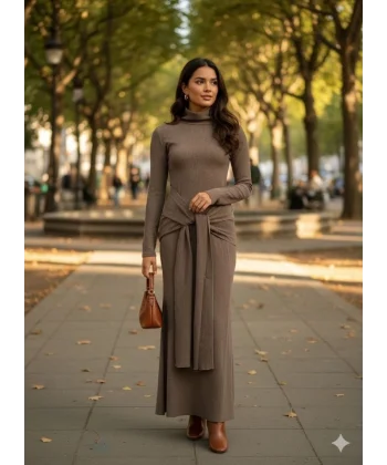 Kadın Uzun Kollu  Balıkçı Yaka Bürümcük Kumaş Kuşak Dahil  Kalem Elbise