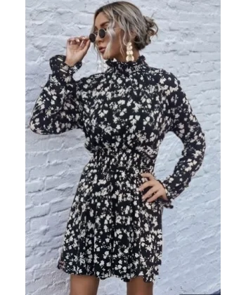 Kadın Uzun Kollu Balıkçı Yaka çiçek Baskılı Helen Kumaş Elbise