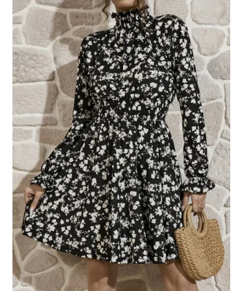 Kadın Uzun Kollu Balıkçı Yaka çiçek Baskılı Helen Kumaş Elbise