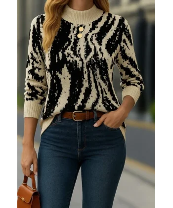 Kadın Uzun Kollu Balıkçı Yaka çok Renkli Triko Bluz