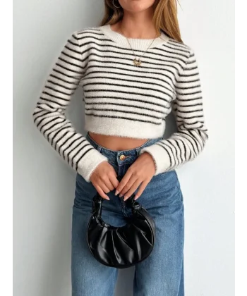 Kadın Uzun Kollu Balıkçı Yaka Crop Triko Bluz