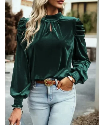 Kadın Uzun Kollu Balıkçı Yaka Damla Detaylı Kadife Bluz