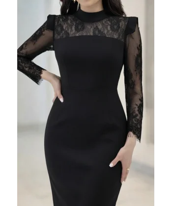 Kadın Uzun Kollu Balıkçı Yaka Dantel Detaylı Midi Ithal Krep Elbise