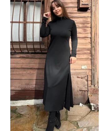 Kadın Uzun Kollu Balıkçı Yaka Derin Yırtmaç Detay Krep Elbise