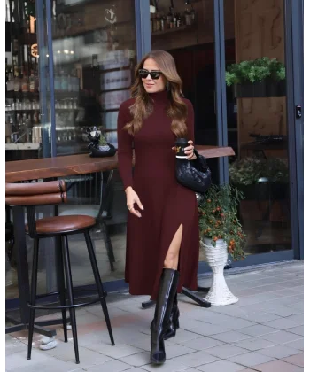 Kadın Uzun Kollu Balıkçı Yaka Derin Yırtmaç Detay Krep Elbise