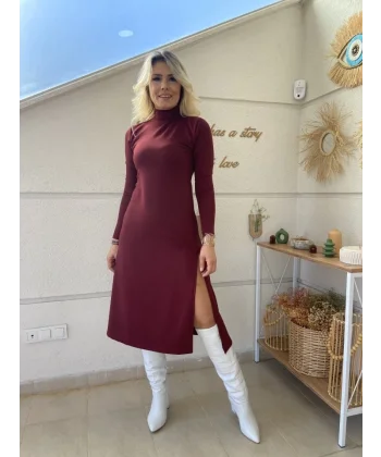 Kadın Uzun Kollu Balıkçı Yaka Derin Yırtmaç Detay Krep Elbise