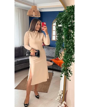 Kadın Uzun Kollu Balıkçı Yaka Derin Yırtmaç Detay Krep Elbise