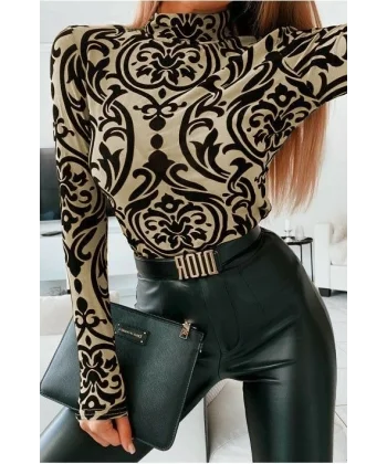 Kadın Uzun Kollu Balıkçı Yaka Desenli Sandy Bluz