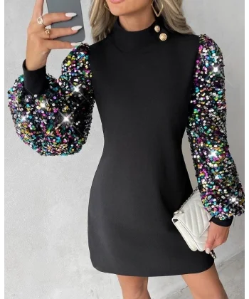 Kadın Uzun Kollu Balıkçı Yaka Düğme Detay Renkli Pul Payet Kol Scuba Krep Elbise