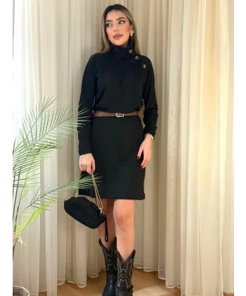 Kadın Uzun Kollu Balıkçı Yaka Düğme Detaylı Kısa şardonlu Dalgıç Elbise