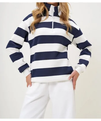 Kadın Uzun Kollu Balıkçı Yaka Fermuar Detay şeritli üç Iplik Kumaş Sweat