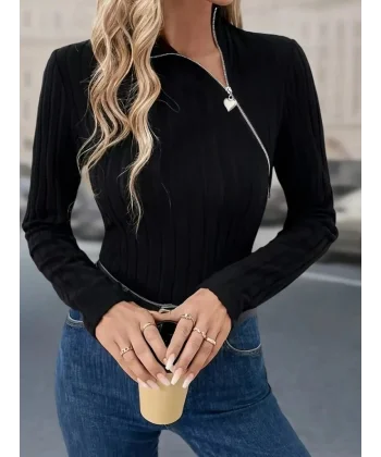 Kadın Uzun Kollu Balıkçı Yaka Fermuarlı Kaşkorse Bluz