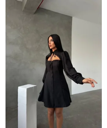 Kadın Uzun Kollu Balıkçı Yaka Göğüs Detay Diz üstü Elbise