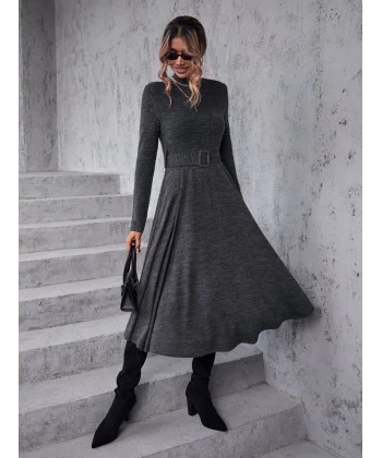 Kadın Uzun Kollu Balıkçı Yaka Kemer Detaylı Yumoş Midi Elbise