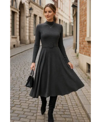 Kadın Uzun Kollu Balıkçı Yaka Kemer Detaylı Yumoş Midi Elbise