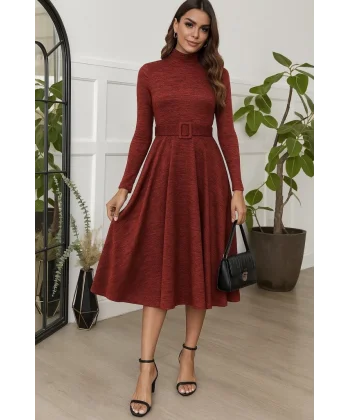 Kadın Uzun Kollu Balıkçı Yaka Kemer Detaylı Yumoş Midi Elbise