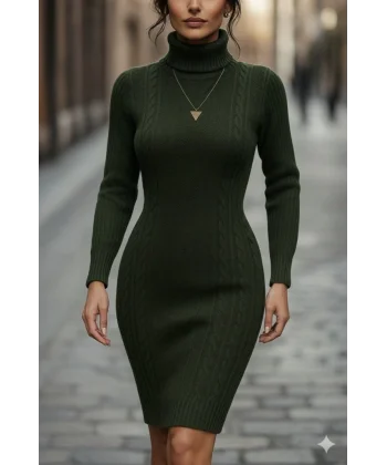 Kadın Uzun Kollu Balıkçı Yaka Kısa Triko Elbise