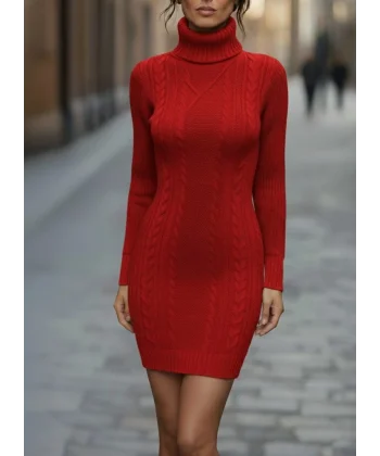 Kadın Uzun Kollu Balıkçı Yaka Kısa Triko Elbise