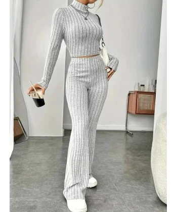 Kadın Uzun Kollu Balıkçı Yaka Krop Ve Pantolon şardonlu Kaşkorse Ikili Takım