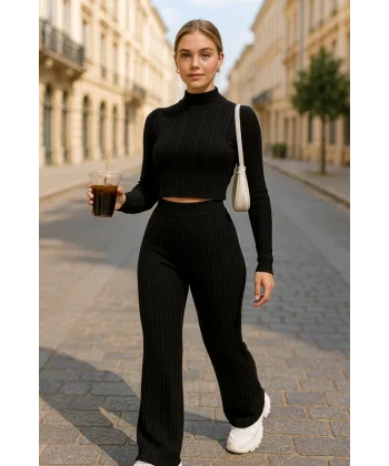 Kadın Uzun Kollu Balıkçı Yaka Krop Ve Pantolon şardonlu Kaşkorse Ikili Takım