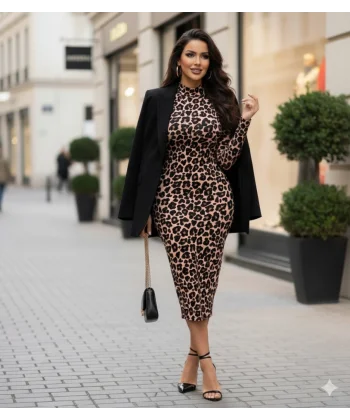 Kadın Uzun Kollu Balıkçı Yaka Leopar Desenli Midi Boy Elbise
