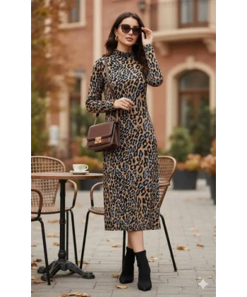 Kadın Uzun Kollu Balıkçı Yaka Leopar Desenli Midi Boy Elbise