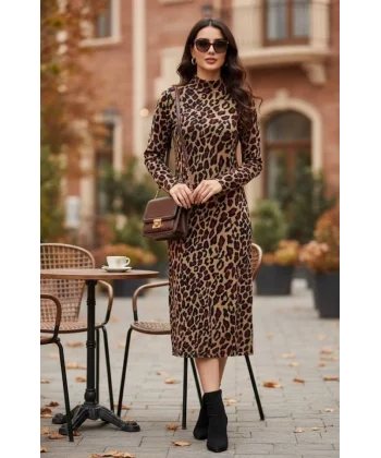 Kadın Uzun Kollu Balıkçı Yaka Leopar Desenli Midi Boy Elbise