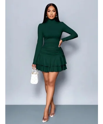 Kadın Uzun Kollu Balıkçı Yaka Mini Fırfırlı Sandy Elbise