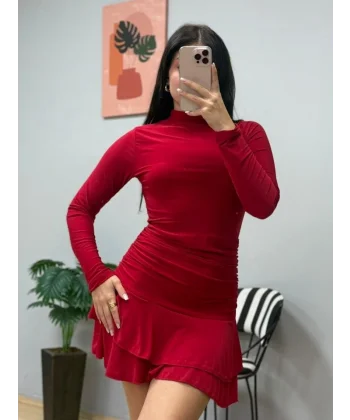 Kadın Uzun Kollu Balıkçı Yaka Mini Fırfırlı Sandy Elbise