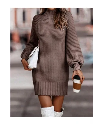 Kadın Uzun Kollu Balıkçı Yaka Mini Triko Elbise