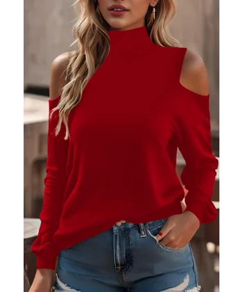 Kadın Uzun Kollu Balıkçı Yaka Omuz Pencere Detay Viskon Bluz