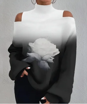 Kadın Uzun Kollu Balıkçı Yaka Omuz Pencereli Gül Dijital Baskılı şardonlu Dalgıç Salaş Bluz