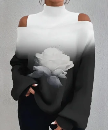 Kadın Uzun Kollu Balıkçı Yaka Omuz Pencereli Gül Dijital Baskılı şardonlu Dalgıç Salaş Bluz