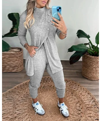 Kadın Uzun Kollu Balıkçı Yaka önden Düğmeli Bluz Ve Pantolon Yumoş Ikili Takım