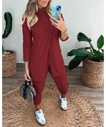 Kadın Uzun Kollu Balıkçı Yaka önden Düğmeli Bluz Ve Pantolon Yumoş Ikili Takım