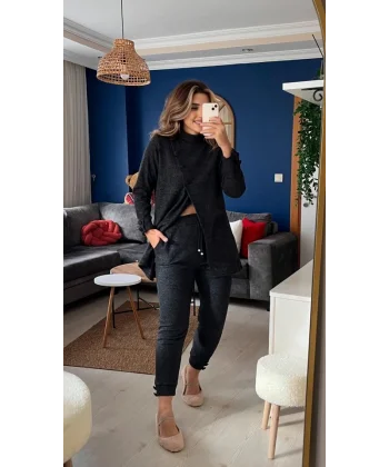 Kadın Uzun Kollu Balıkçı Yaka önden Düğmeli Bluz Ve Pantolon Yumoş Ikili Takım