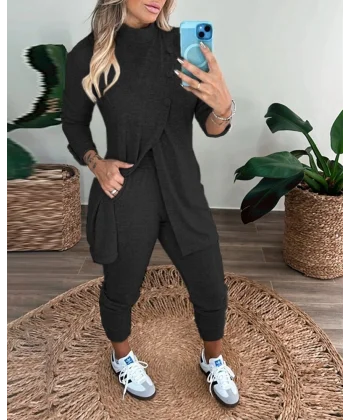 Kadın Uzun Kollu Balıkçı Yaka önden Düğmeli Bluz Ve Pantolon Yumoş Ikili Takım